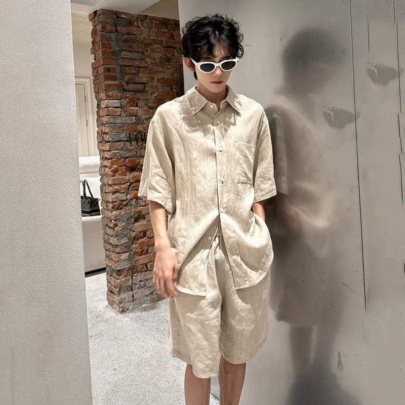 IEFB Korean Style Sets Turn-down Collar Short Sleeved Single Breasted Male Shirt Solid Color Straight Loose Shorts Simple 9W3870