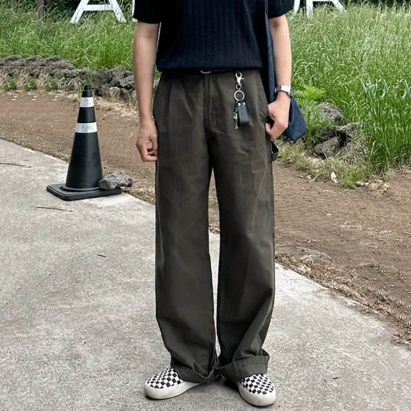 IEFB Korean New Fashion Male Overalls Summer Loose Straight Leg Workwear Casual Pants Zipper Men Bottoms Vintage Trousers 9W3118