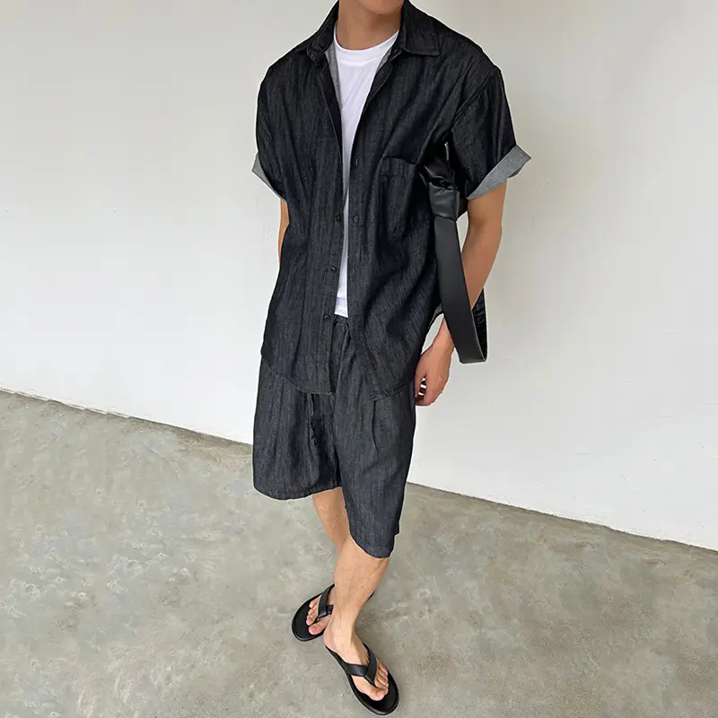 IEFB Korean Style Men's Two-piece Denim Lapel Pocket Single Breasted Short Sleeve Shirt Elastic Waist Wide Leg Male Jeans 9W3748