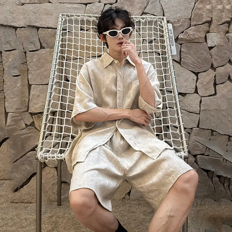 IEFB Korean Style Sets Turn-down Collar Short Sleeved Single Breasted Male Shirt Solid Color Straight Loose Shorts Simple 9W3870