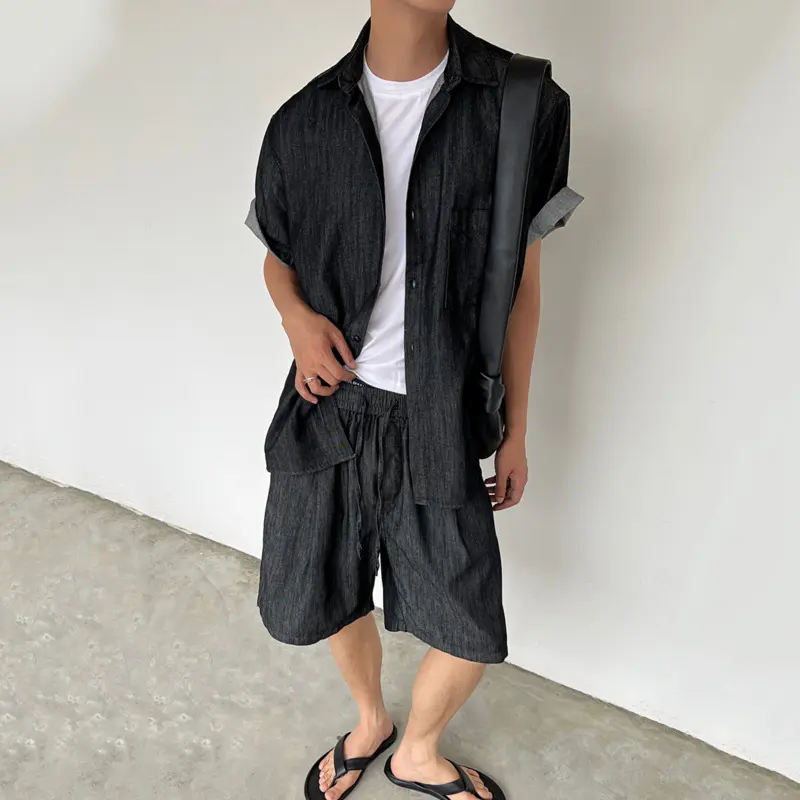 IEFB Korean Style Men's Two-piece Denim Lapel Pocket Single Breasted Short Sleeve Shirt Elastic Waist Wide Leg Male Jeans 9W3748