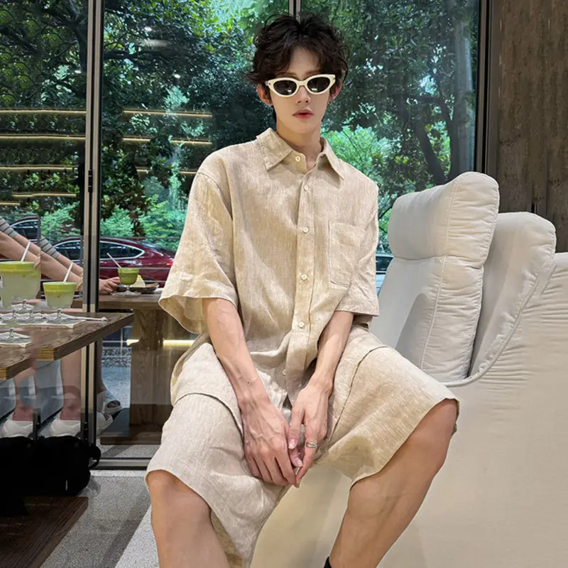 IEFB Korean Style Sets Turn-down Collar Short Sleeved Single Breasted Male Shirt Solid Color Straight Loose Shorts Simple 9W3870