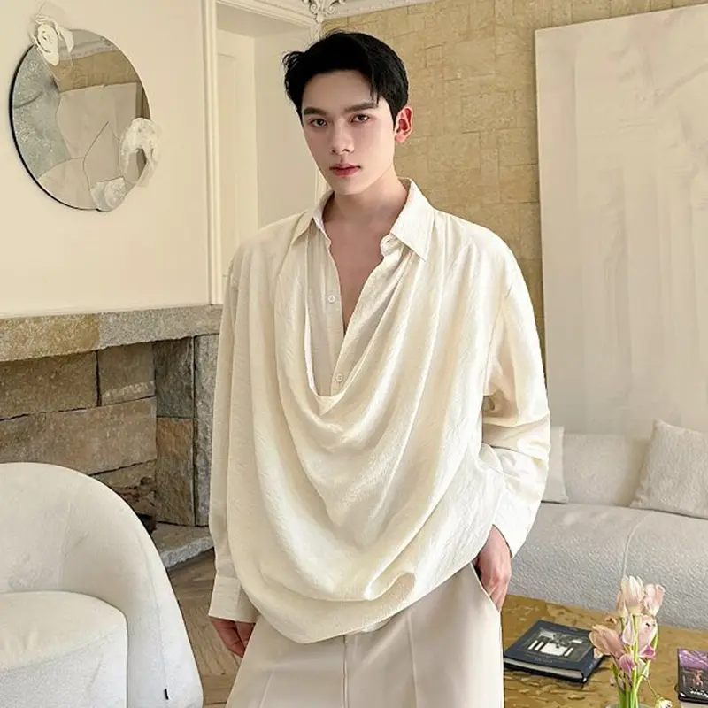 IEFB Apricot Men's Clothing Long Sleeve Shirt Simple Fashionable New Male Shirts Solid Color Fold Design Summer Tide 9W3157