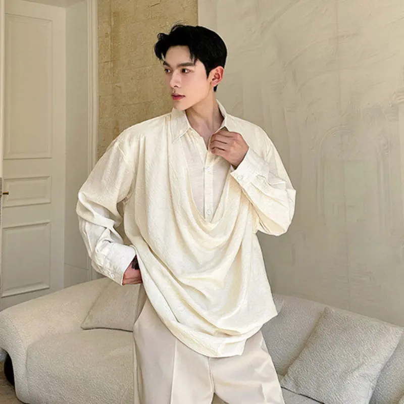 IEFB Apricot Men's Clothing Long Sleeve Shirt Simple Fashionable New Male Shirts Solid Color Fold Design Summer Tide 9W3157