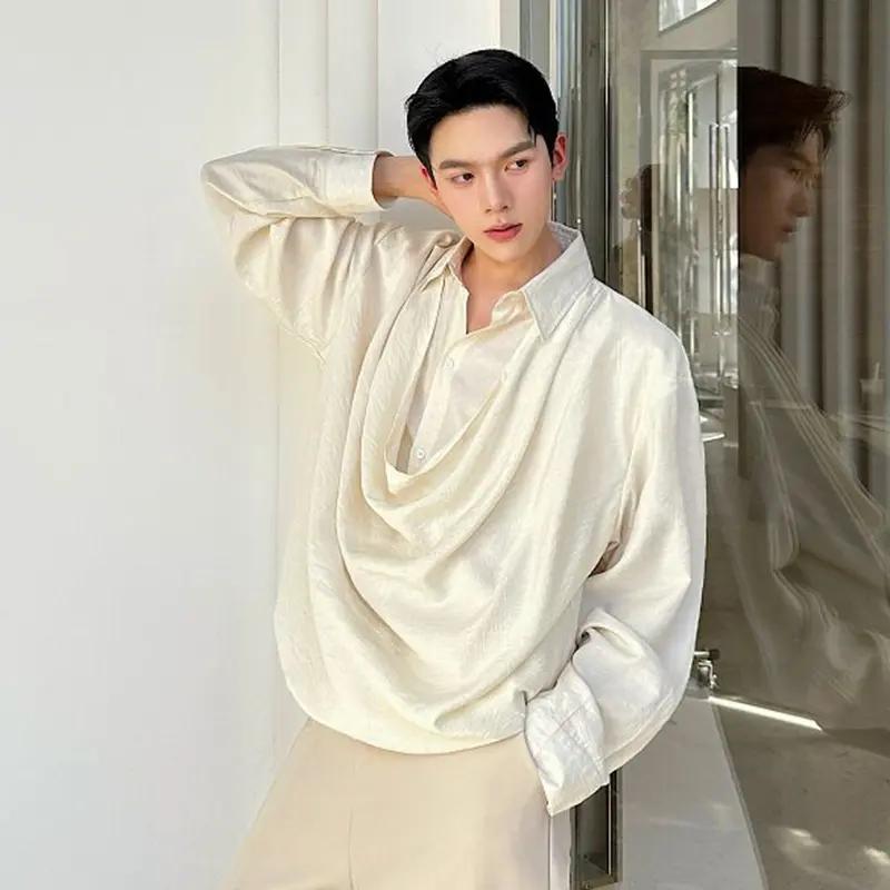 IEFB Apricot Men's Clothing Long Sleeve Shirt Simple Fashionable New Male Shirts Solid Color Fold Design Summer Tide 9W3157