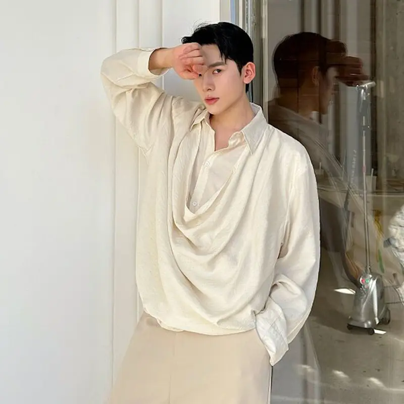 IEFB Apricot Men's Clothing Long Sleeve Shirt Simple Fashionable New Male Shirts Solid Color Fold Design Summer Tide 9W3157
