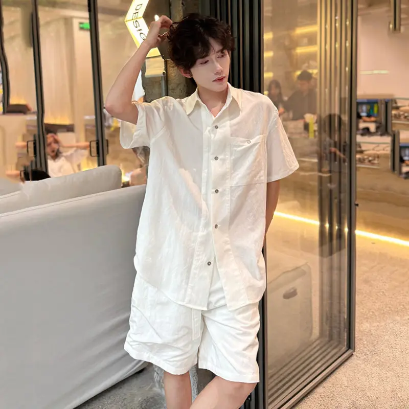 IEFB Niche Design Two-piece Lapel Short Sleeved Single Breasted Ice Silk Fashion Shirts Wide Leg Loose Male Shorts Summer 9W3869