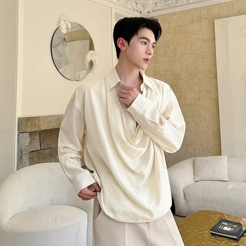 IEFB Apricot Men's Clothing Long Sleeve Shirt Simple Fashionable New Male Shirts Solid Color Fold Design Summer Tide 9W3157