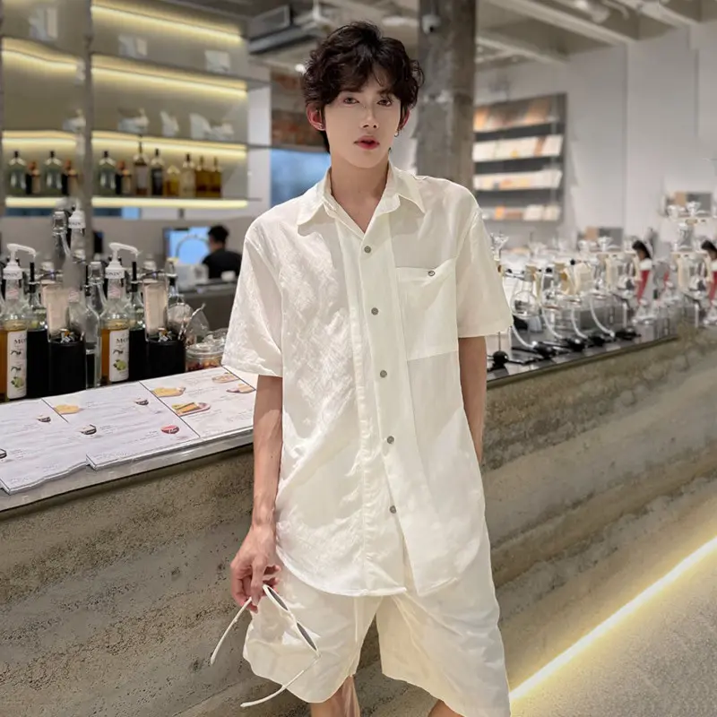 IEFB Niche Design Two-piece Lapel Short Sleeved Single Breasted Ice Silk Fashion Shirts Wide Leg Loose Male Shorts Summer 9W3869
