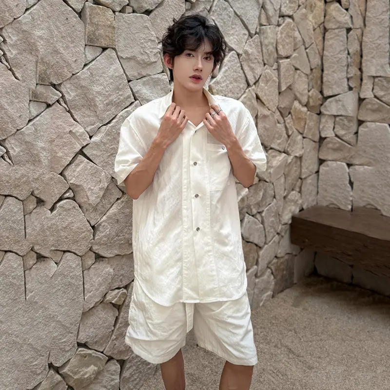 IEFB Niche Design Two-piece Lapel Short Sleeved Single Breasted Ice Silk Fashion Shirts Wide Leg Loose Male Shorts Summer 9W3869