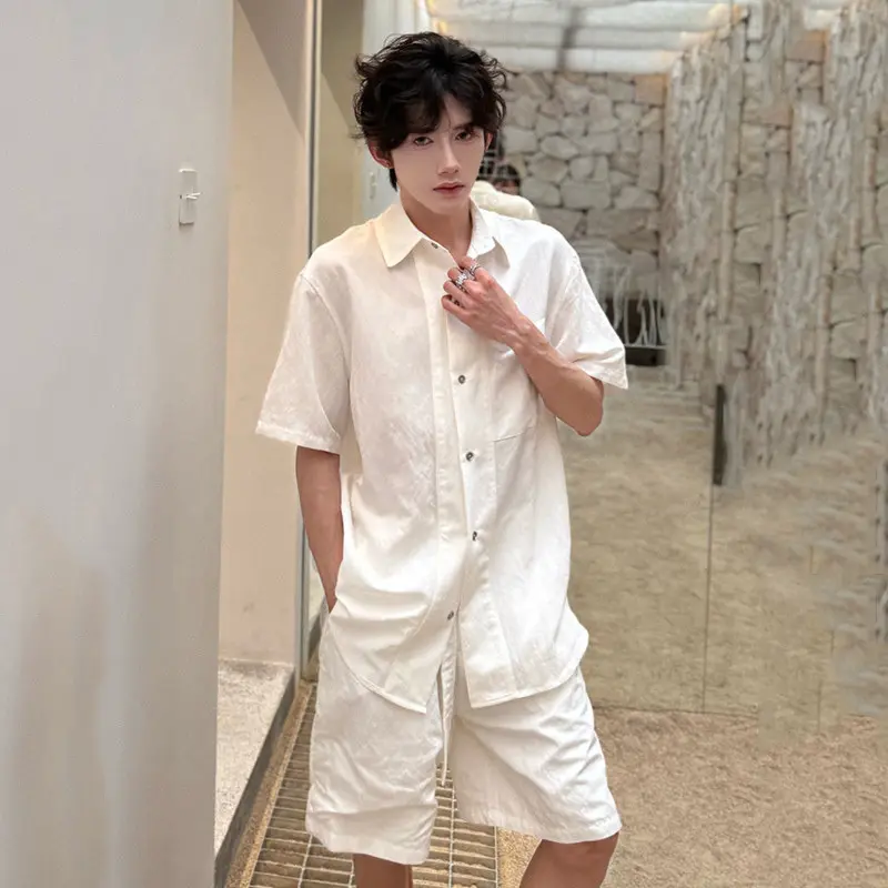 IEFB Niche Design Two-piece Lapel Short Sleeved Single Breasted Ice Silk Fashion Shirts Wide Leg Loose Male Shorts Summer 9W3869