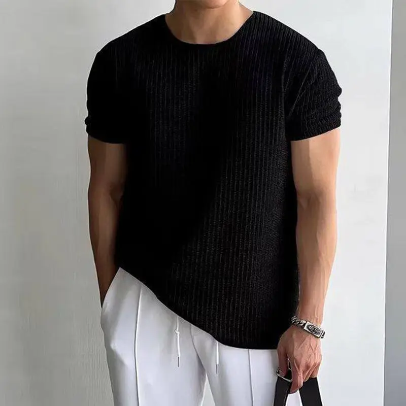 IEFB Korean Style Men's T-shirts Round Neck Solid Color Casual Knitting New Tees Short Sleeved Loose All-match Male Tops 9W2837
