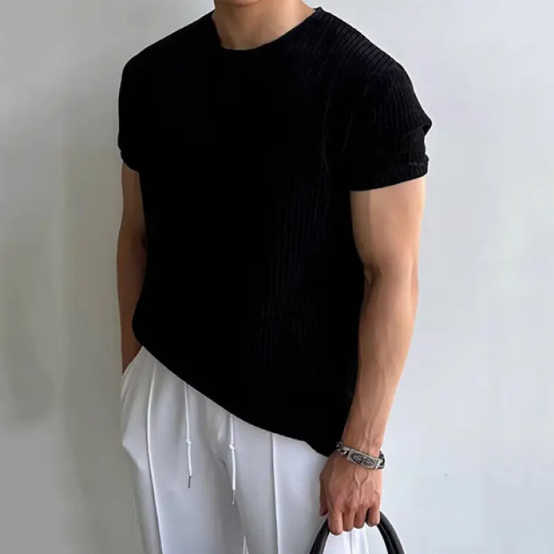 IEFB Korean Style Men's T-shirts Round Neck Solid Color Casual Knitting New Tees Short Sleeved Loose All-match Male Tops 9W2837