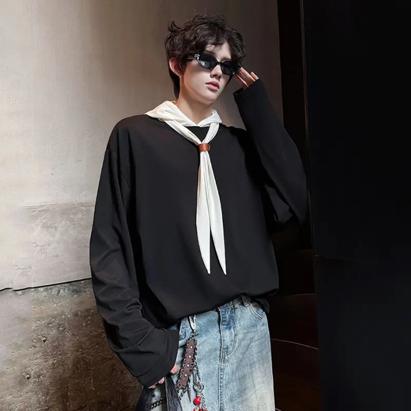IEFB Casual Hooded Top Men Korean Style College Design Tie Neck Long Sleeve T-shirt Minimalist Patchwork Male Tees Summer 9W4007