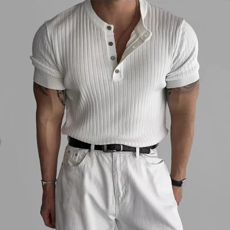 IEFB Trendy Men's Tops Button Design Solid Color Pit Knitting T-shirts Korean Short Sleeved Slim Male Tops Summer 9W2829