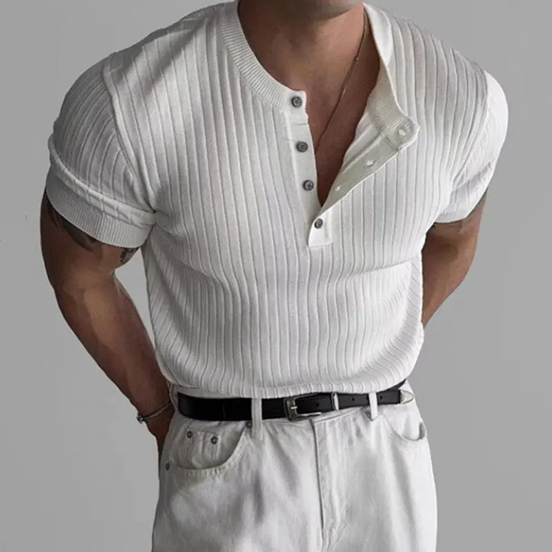 IEFB Trendy Men's Tops Button Design Solid Color Pit Knitting T-shirts Korean Short Sleeved Slim Male Tops Summer 9W2829