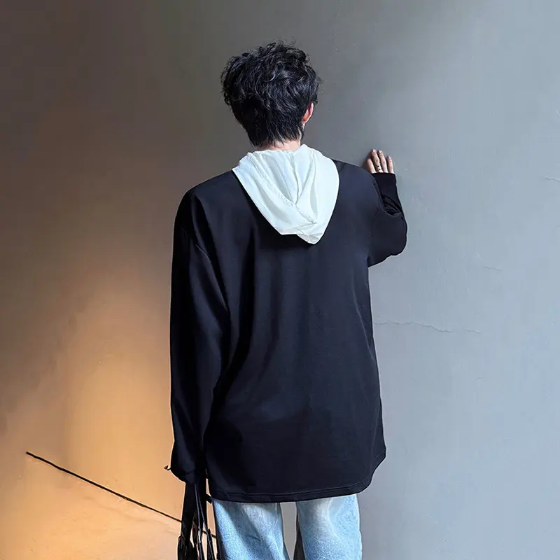 IEFB Casual Hooded Top Men Korean Style College Design Tie Neck Long Sleeve T-shirt Minimalist Patchwork Male Tees Summer 9W4007