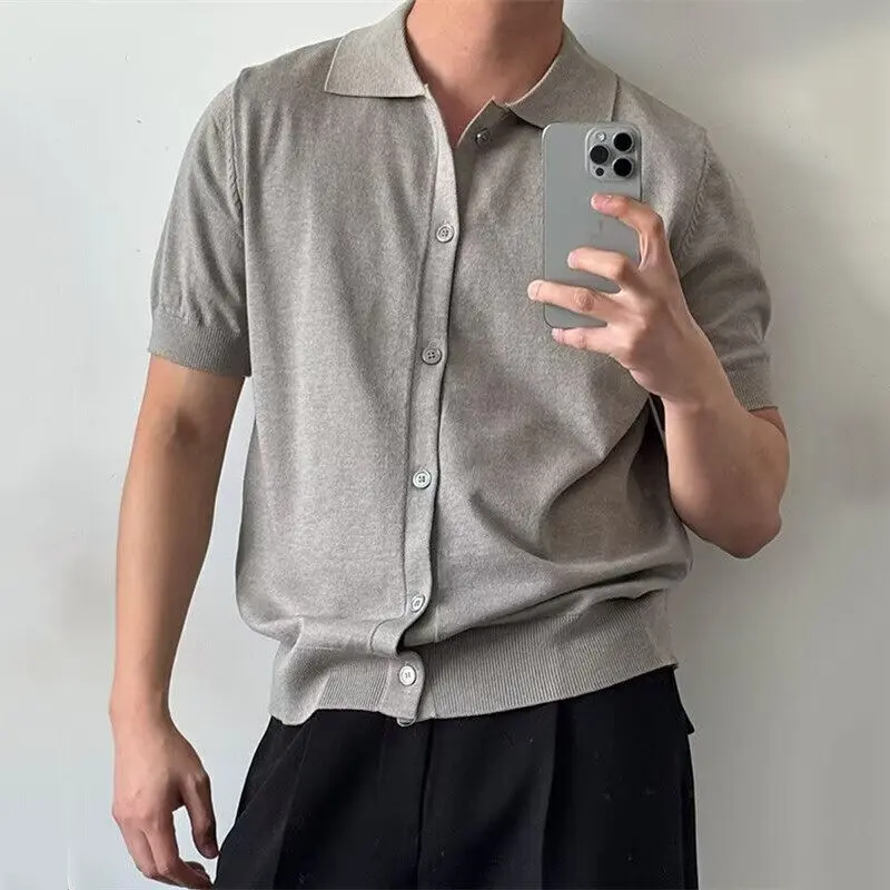 IEFB Turn-down Collar Men's T-shirts Solid Color Single Breasted Short Sleeved Tees Knitting Korean Style Loose Male Tops 9W2828