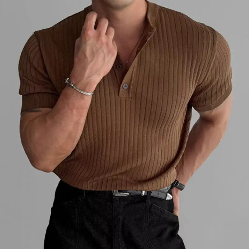 IEFB Trendy Men's Tops Button Design Solid Color Pit Knitting T-shirts Korean Short Sleeved Slim Male Tops Summer 9W2829