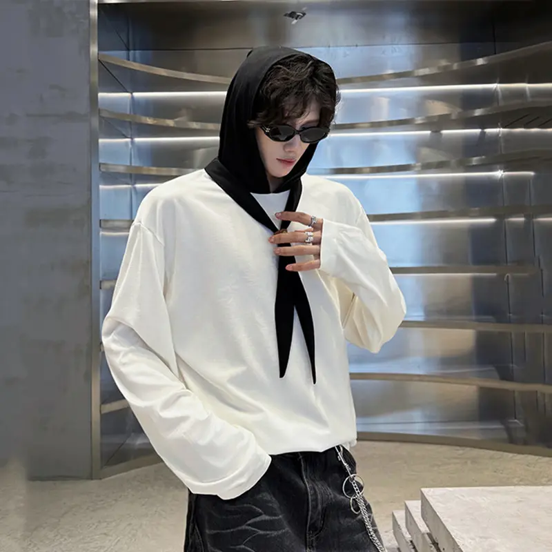IEFB Casual Hooded Top Men Korean Style College Design Tie Neck Long Sleeve T-shirt Minimalist Patchwork Male Tees Summer 9W4007