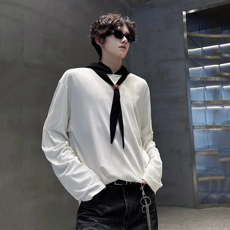 IEFB Casual Hooded Top Men Korean Style College Design Tie Neck Long Sleeve T-shirt Minimalist Patchwork Male Tees Summer 9W4007