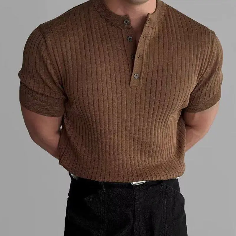 IEFB Trendy Men's Tops Button Design Solid Color Pit Knitting T-shirts Korean Short Sleeved Slim Male Tops Summer 9W2829