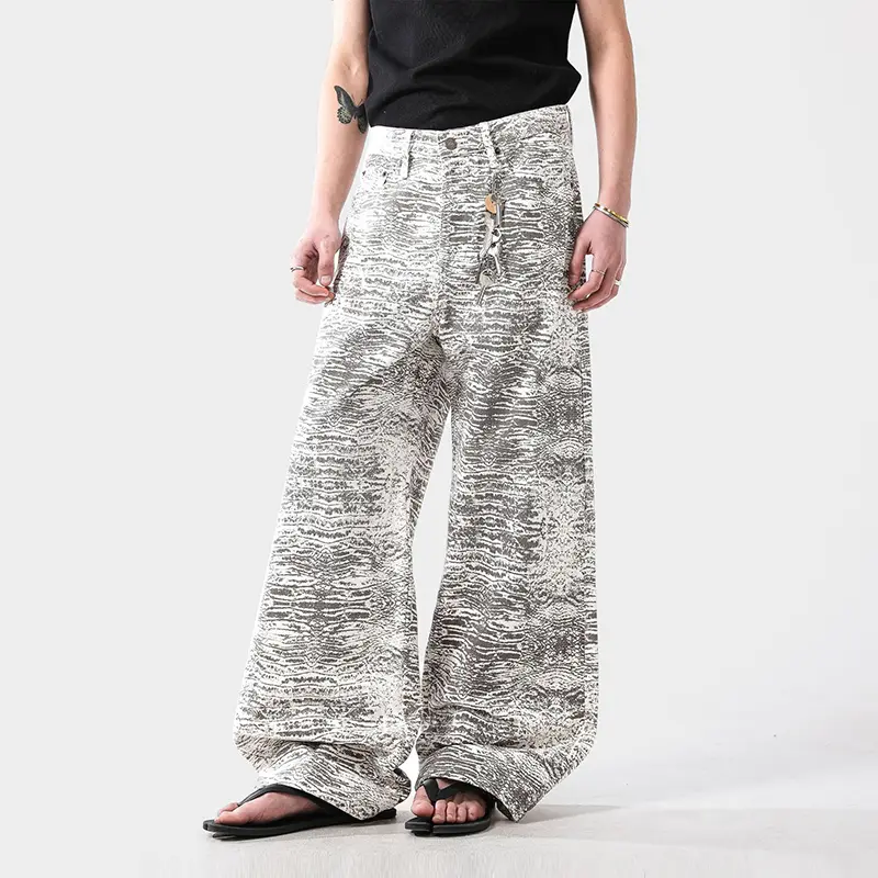IEFB Men's Wear Tie Dye Dirty Design Male Jeans Baggy American Style Men White Snake Printing Distressed Wide Leg Pants 9W3961