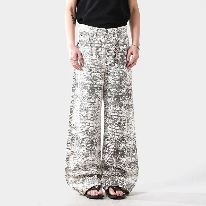 IEFB Men's Wear Tie Dye Dirty Design Male Jeans Baggy American Style Men White Snake Printing Distressed Wide Leg Pants 9W3961