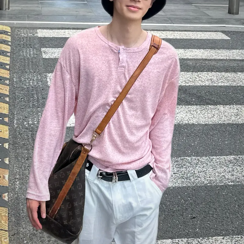 IEFB Korean Style Men's Tees Round Neck Solid Color Button Design Sun-protective Clothing Long Sleeved Causal Male Tops 9W3919