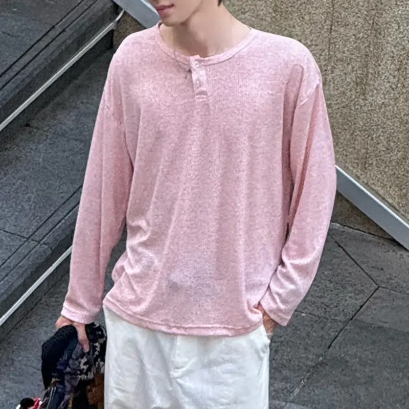 IEFB Korean Style Men's Tees Round Neck Solid Color Button Design Sun-protective Clothing Long Sleeved Causal Male Tops 9W3919