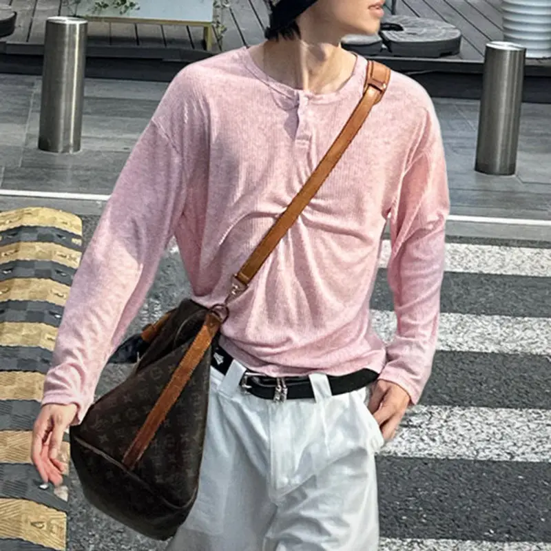 IEFB Korean Style Men's Tees Round Neck Solid Color Button Design Sun-protective Clothing Long Sleeved Causal Male Tops 9W3919