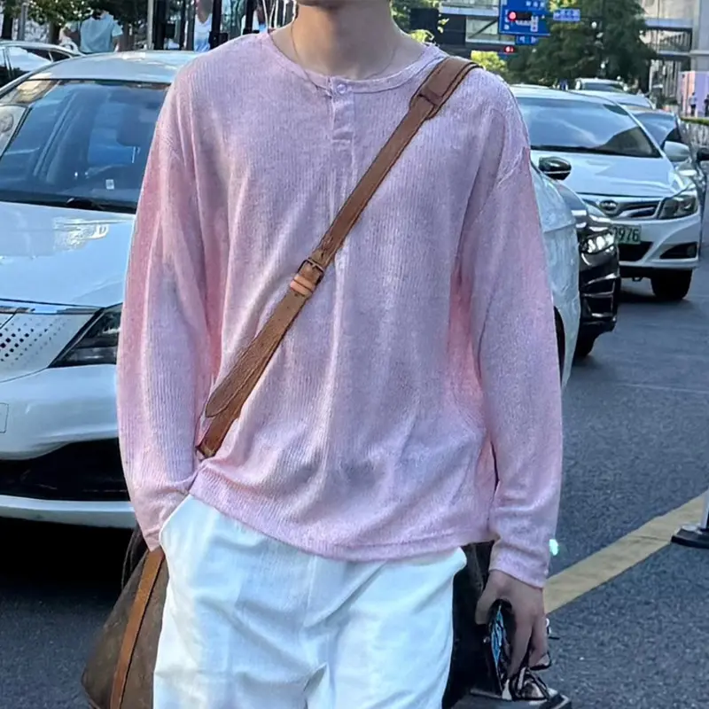IEFB Korean Style Men's Tees Round Neck Solid Color Button Design Sun-protective Clothing Long Sleeved Causal Male Tops 9W3919