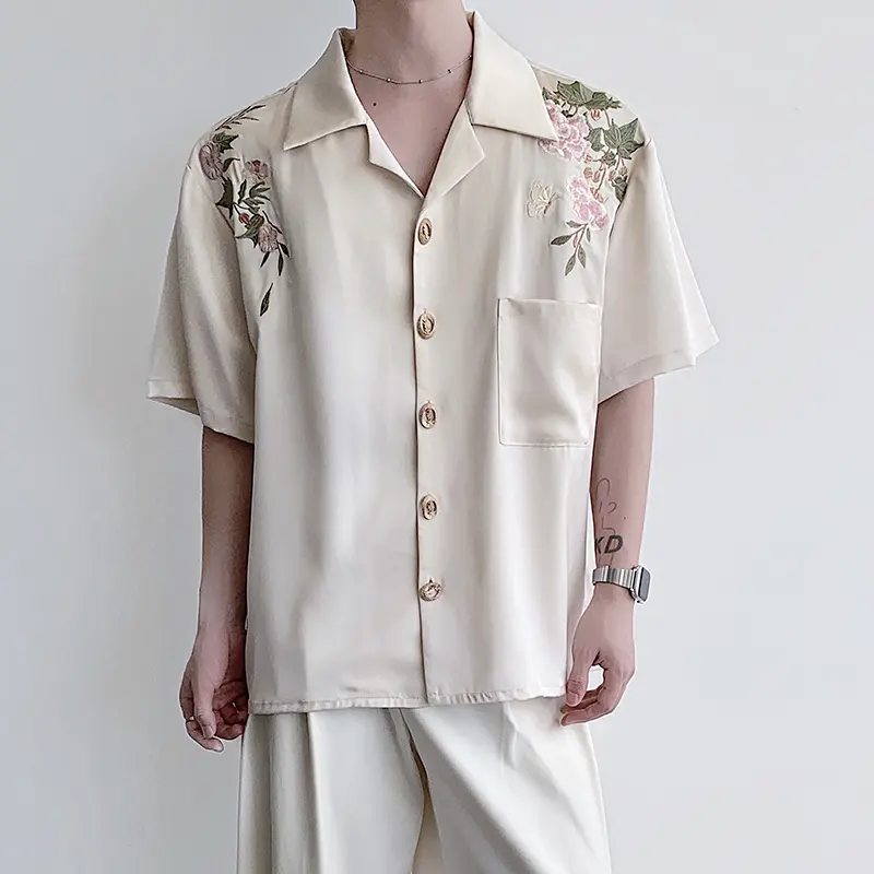 IEFB Niche Design Men's Shirts Turn-down Collar Flowers Embroidery Contrast Color Short Sleeved Single Breasted Male Tops 9W4246