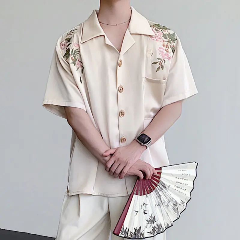 IEFB Niche Design Men's Shirts Turn-down Collar Flowers Embroidery Contrast Color Short Sleeved Single Breasted Male Tops 9W4246