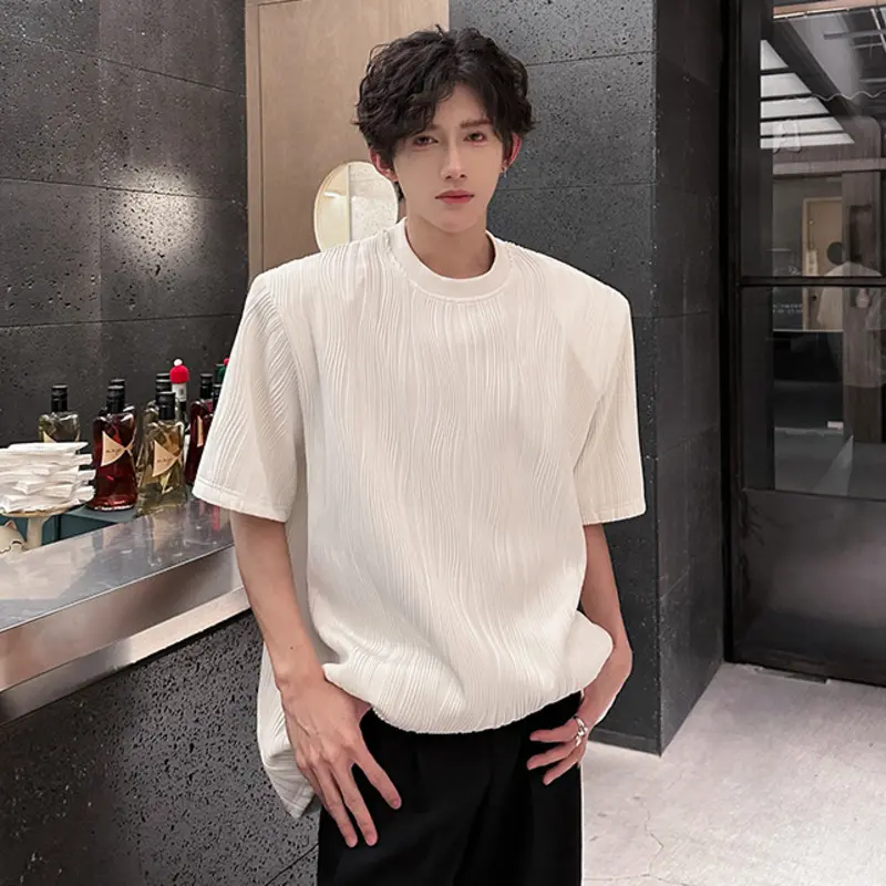 IEFB Korean Style Men's T-shirts Round Collar Solid Color Short Sleeved Shoulder Padded Loose Pullover Male Tees Simple 9W3844