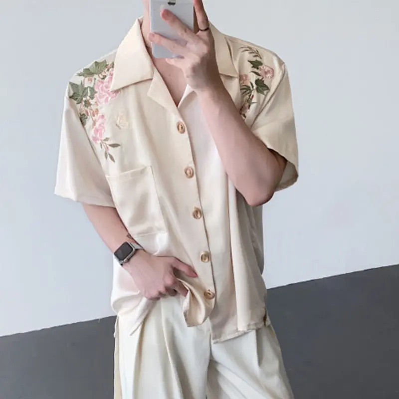 IEFB Niche Design Men's Shirts Turn-down Collar Flowers Embroidery Contrast Color Short Sleeved Single Breasted Male Tops 9W4246