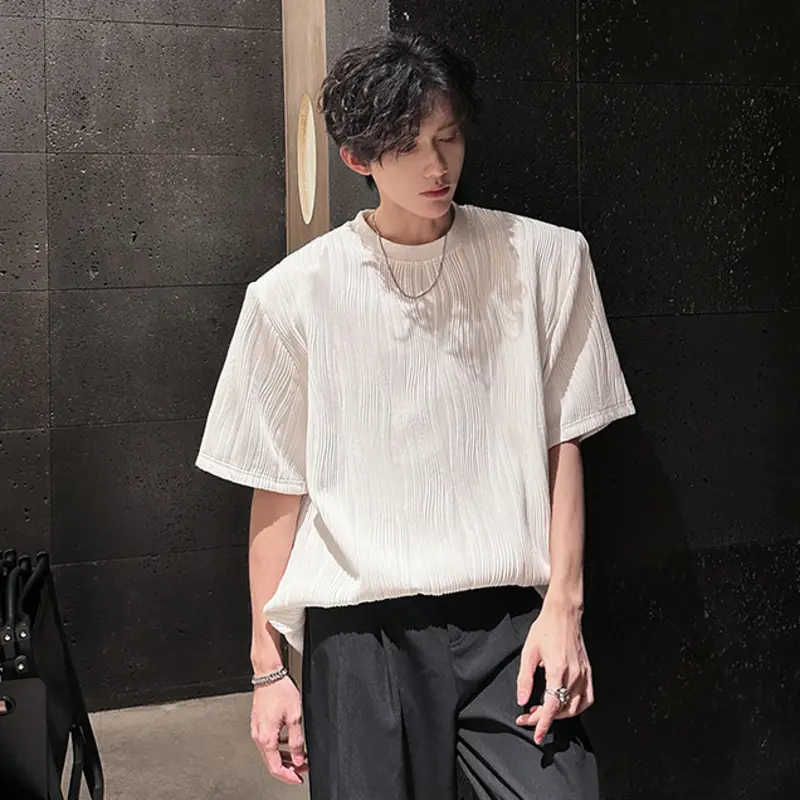 IEFB Korean Style Men's T-shirts Round Collar Solid Color Short Sleeved Shoulder Padded Loose Pullover Male Tees Simple 9W3844