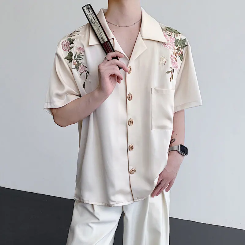 IEFB Niche Design Men's Shirts Turn-down Collar Flowers Embroidery Contrast Color Short Sleeved Single Breasted Male Tops 9W4246