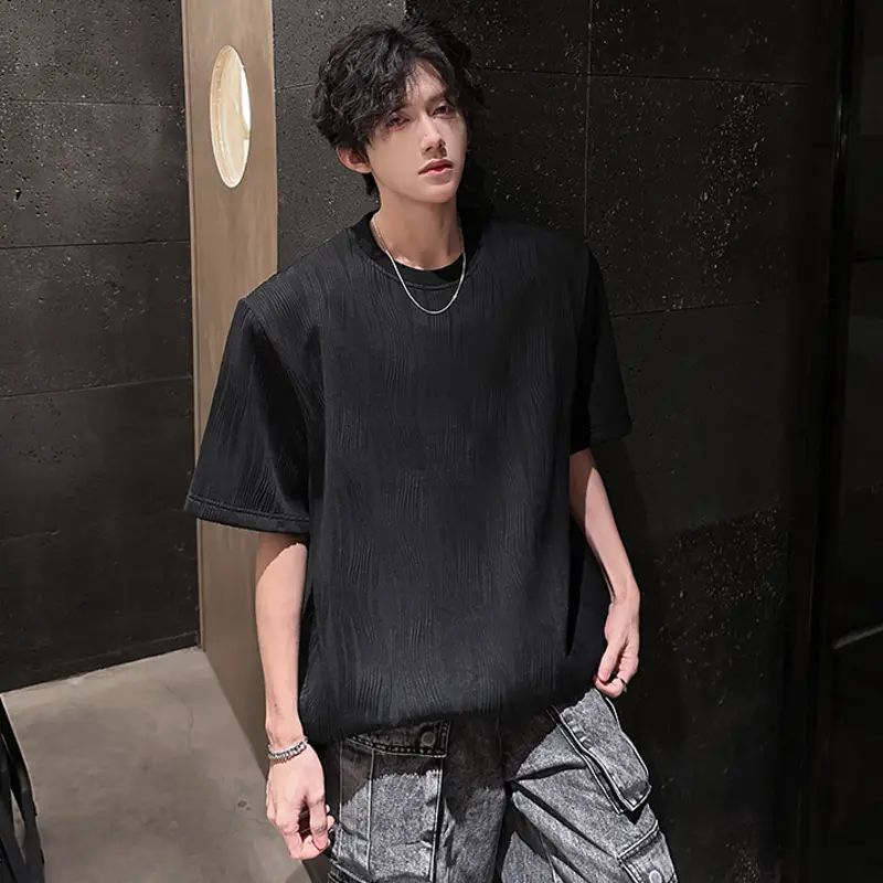 IEFB Korean Style Men's T-shirts Round Collar Solid Color Short Sleeved Shoulder Padded Loose Pullover Male Tees Simple 9W3844