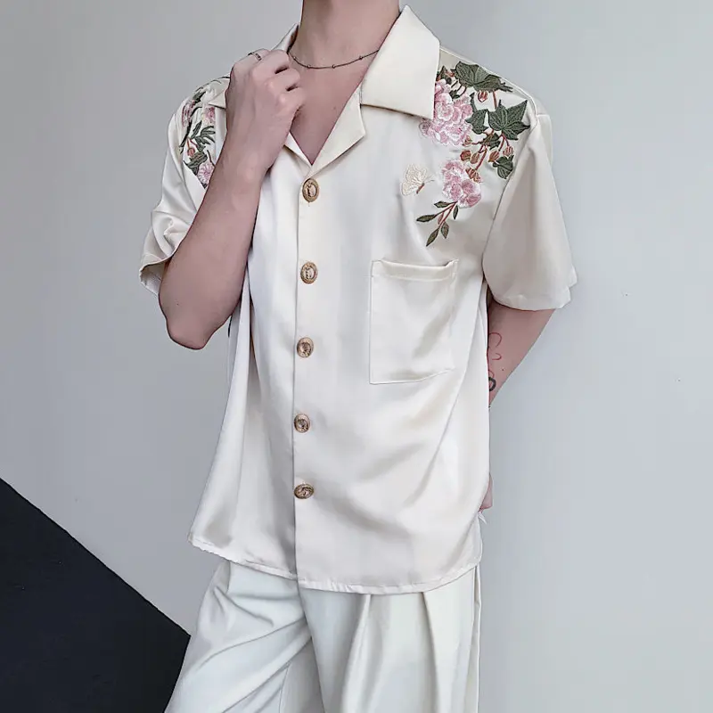 IEFB Niche Design Men's Shirts Turn-down Collar Flowers Embroidery Contrast Color Short Sleeved Single Breasted Male Tops 9W4246