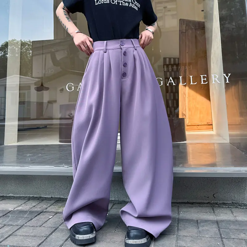 IEFB Korean Style Men's Casual Pants Button Decoration Pleated Solid Collar Curved Knife Trousers Wide Leg Male Bottom 9W4176