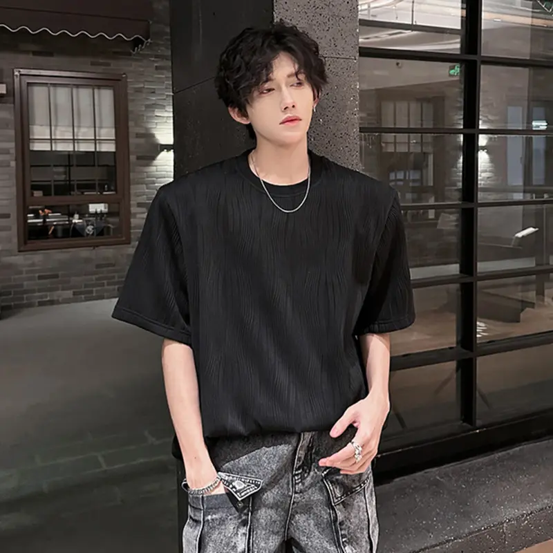 IEFB Korean Style Men's T-shirts Round Collar Solid Color Short Sleeved Shoulder Padded Loose Pullover Male Tees Simple 9W3844