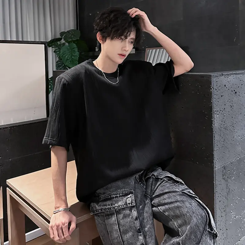 IEFB Korean Style Men's T-shirts Round Collar Solid Color Short Sleeved Shoulder Padded Loose Pullover Male Tees Simple 9W3844