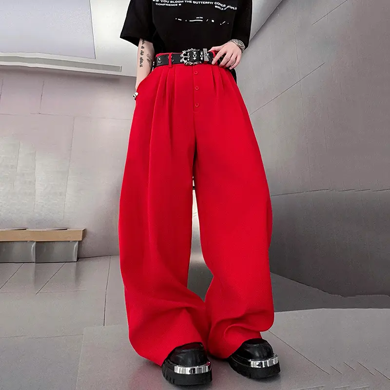 IEFB Korean Style Men's Casual Pants Button Decoration Pleated Solid Collar Curved Knife Trousers Wide Leg Male Bottom 9W4176