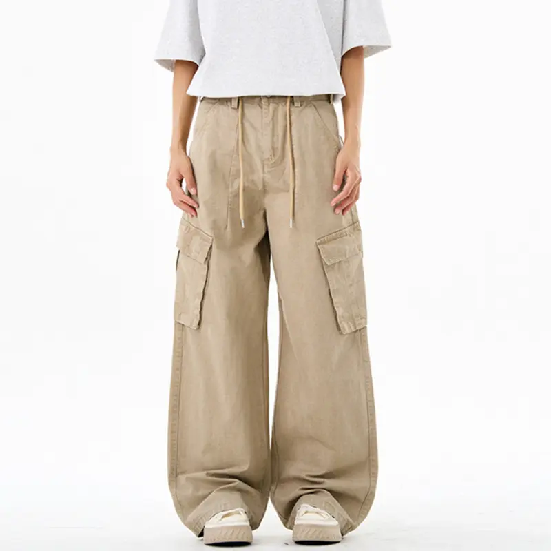 IEFB Men Casual Pants American Style Washed Solid Color Multi-Pocket Solid Color Cargo Trousers Straight Leg Male Bottom 9W3237