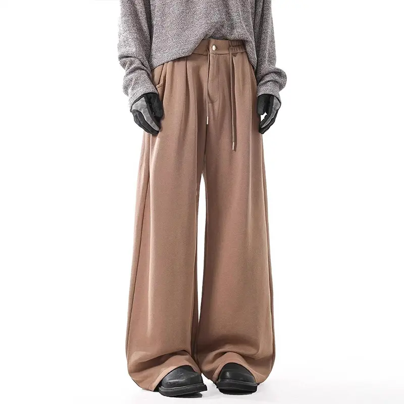 IEFB New Simple Men's Sweatshirts Solid Color Drawstring Pleated Design Bottom Wide Leg Straight All-match Male Pants 9W3992
