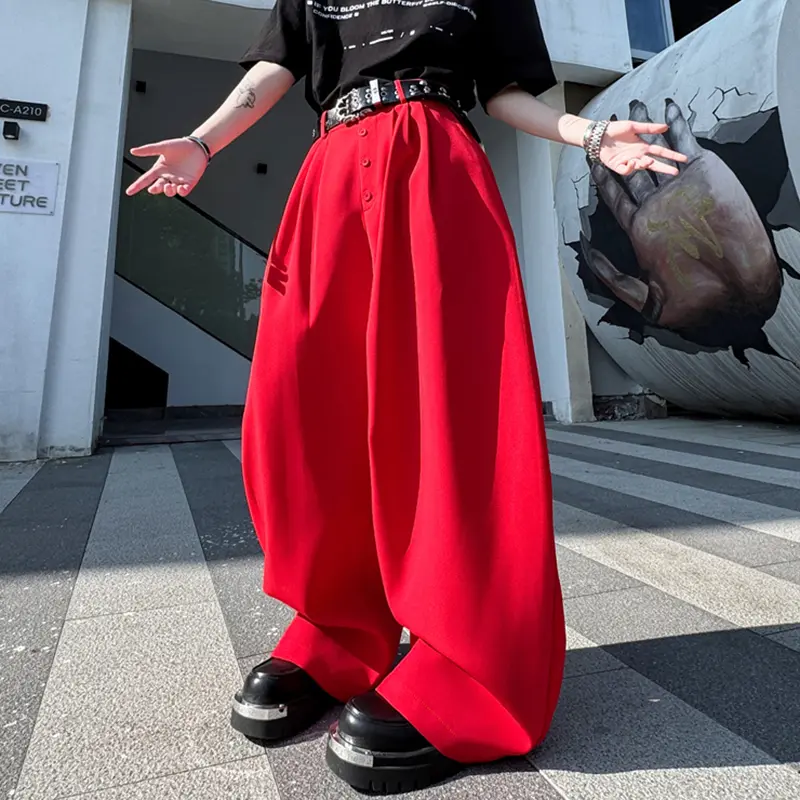 IEFB Korean Style Men's Casual Pants Button Decoration Pleated Solid Collar Curved Knife Trousers Wide Leg Male Bottom 9W4176