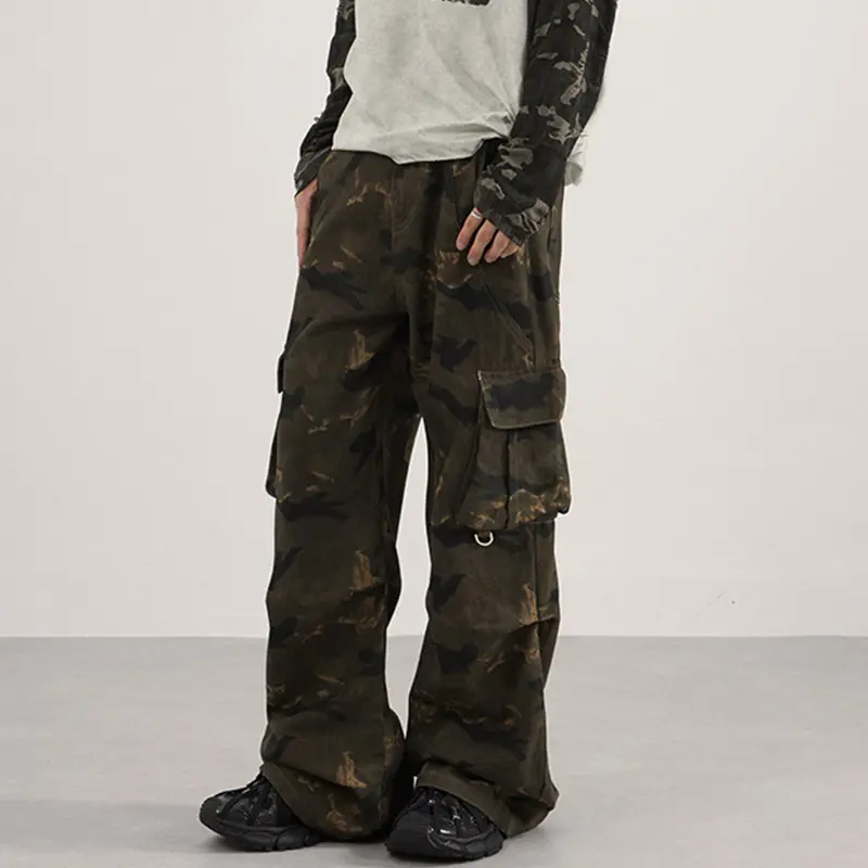 IEFB American Style Men's Trousers Side Pocket Pleated Design Camouflage Autumn Straight Pants Wide Leg Loose Male Bottom 9W4155