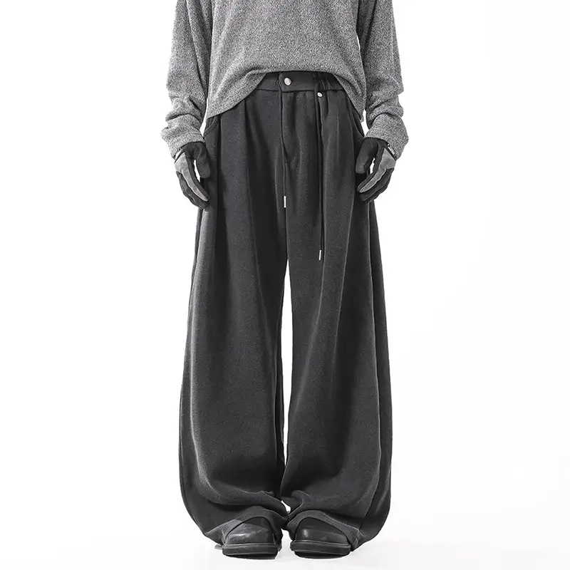 IEFB New Simple Men's Sweatshirts Solid Color Drawstring Pleated Design Bottom Wide Leg Straight All-match Male Pants 9W3992