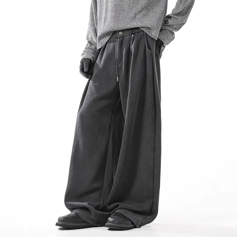 IEFB New Simple Men's Sweatshirts Solid Color Drawstring Pleated Design Bottom Wide Leg Straight All-match Male Pants 9W3992
